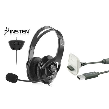 Insten Black Headset Headphone with Microphone + USB Charging Cable For Xbox 360 Wireless Remote