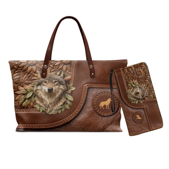 Tutolipy Wolf Sunflower Print 2Pcs Tote Bag Set for Women, Ladies, PU Leather Tote Handbag with Inner Pocket Lightweight Shoulder Bag Mini Wristlet Purse for Shopping, Work