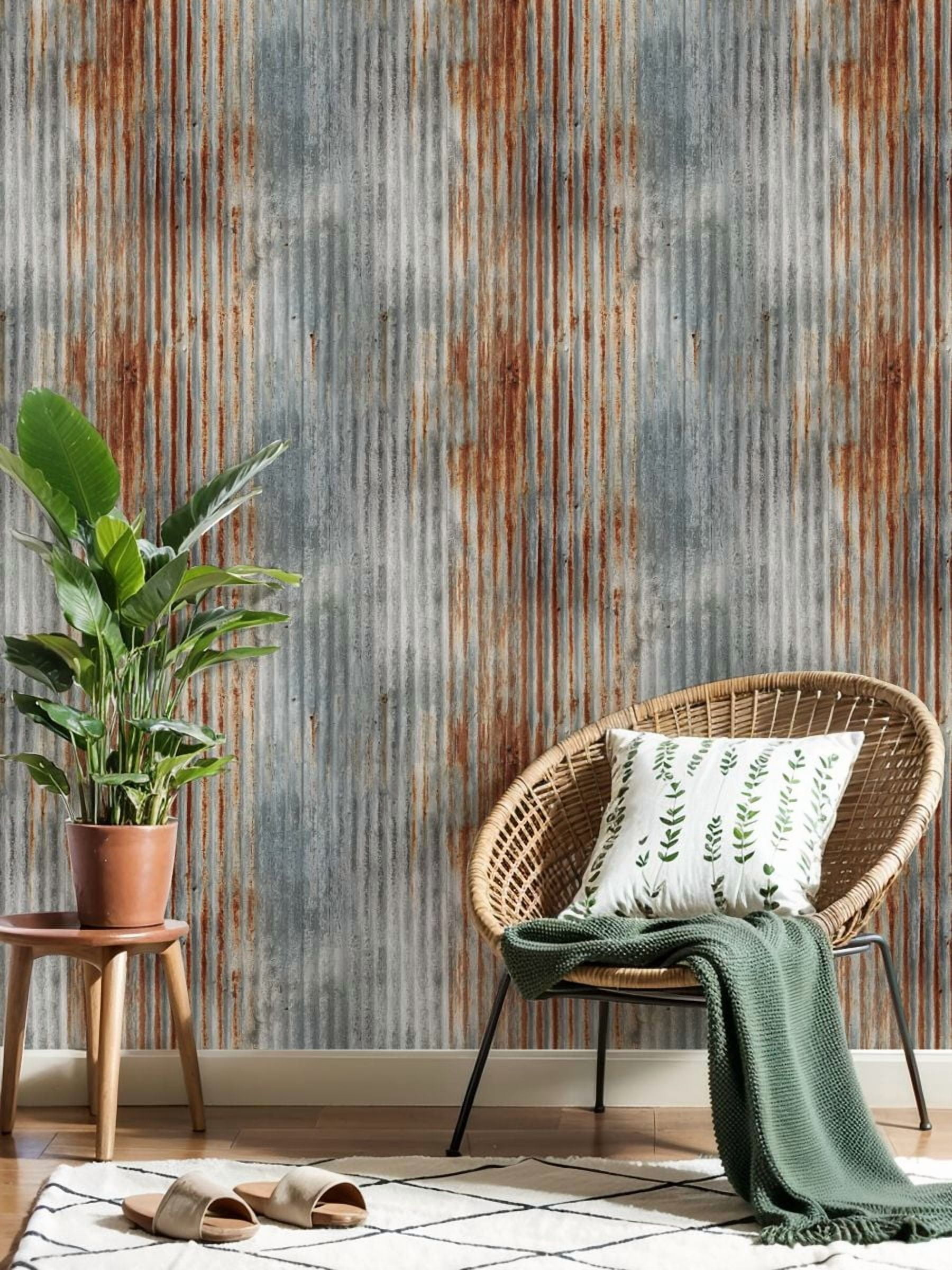 Modern Industrial Rusty Corrugated Metal Texture Weathered Gray Orange Patina Wall Mural 17.7in x 9.8ft Self Adhesive Removable Wall Paper Renter Friendly Wallpaper for Bedroom Cabinets