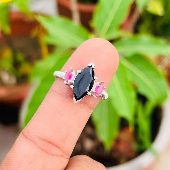 Black Onyx & Pink Sapphire Sterling Silver Ring – Marquise Cut Gemstone Statement Ring, Handmade Dainty Silver Jewelry, Unique Gift for Her