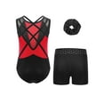 thumbnail image 2 of TSSOE Kids Girls Shiny Rhinestone Gymnastics Leotard Sleeveless Color Block Unitard Jumpsuit and Shorts Hair Band Set Red 9-10, 2 of 2