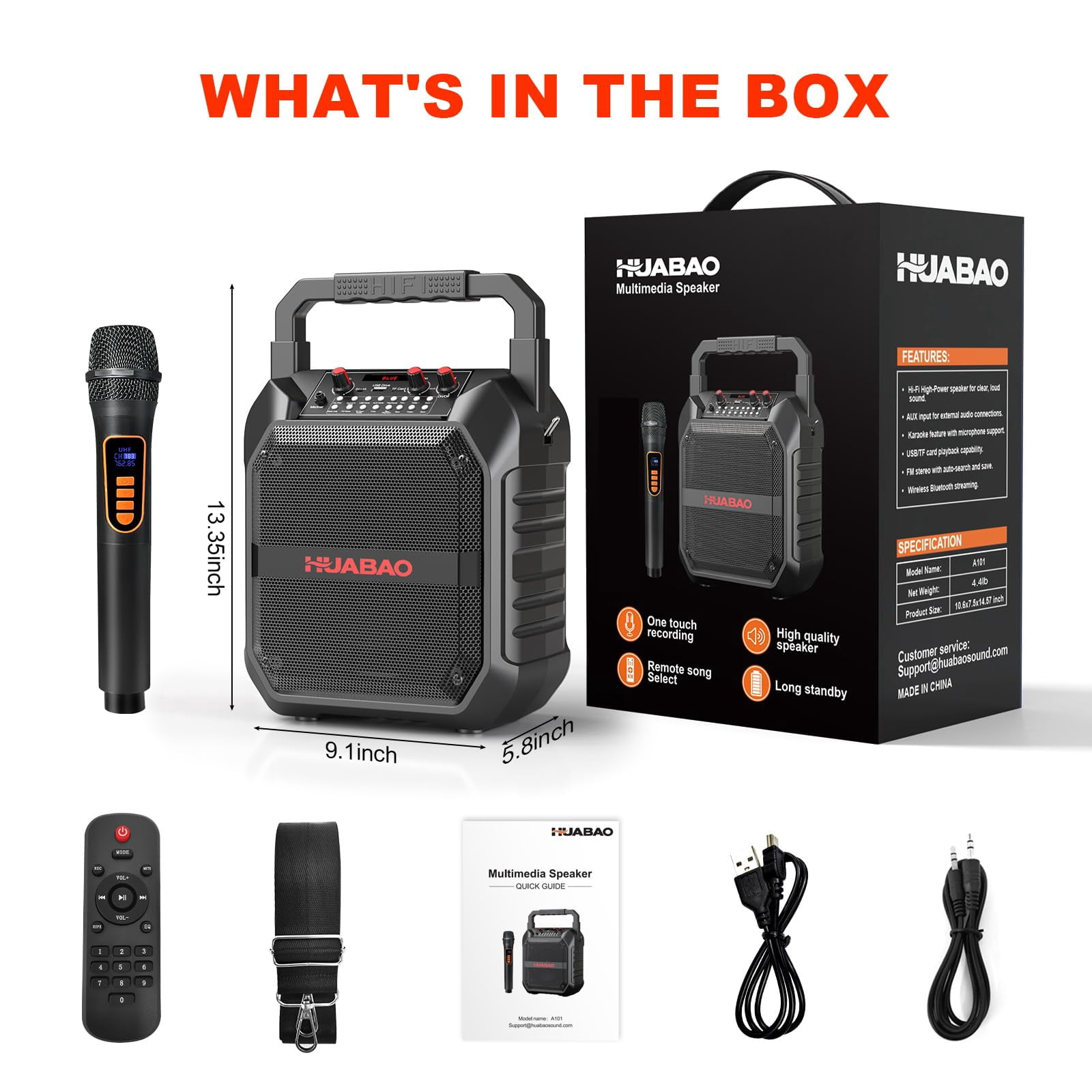 HUABAO Karaoke Machine, Portable Bluetooth Speaker with 1 Wireless Microphone and Remote Control for Home and Outdoor Party