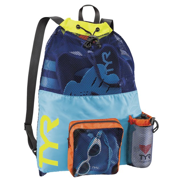 Mochila TYR Big Mesh Mummy para nadar en mojado, gimnasio, azul/amarillo