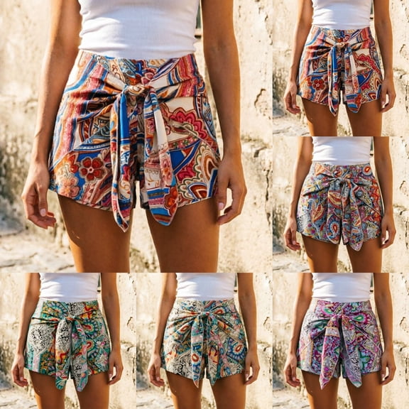 Lakaka Women Colorful Paisley Print Tie Front Shorts Casual High Waist Summer Beach Shorts Blue L