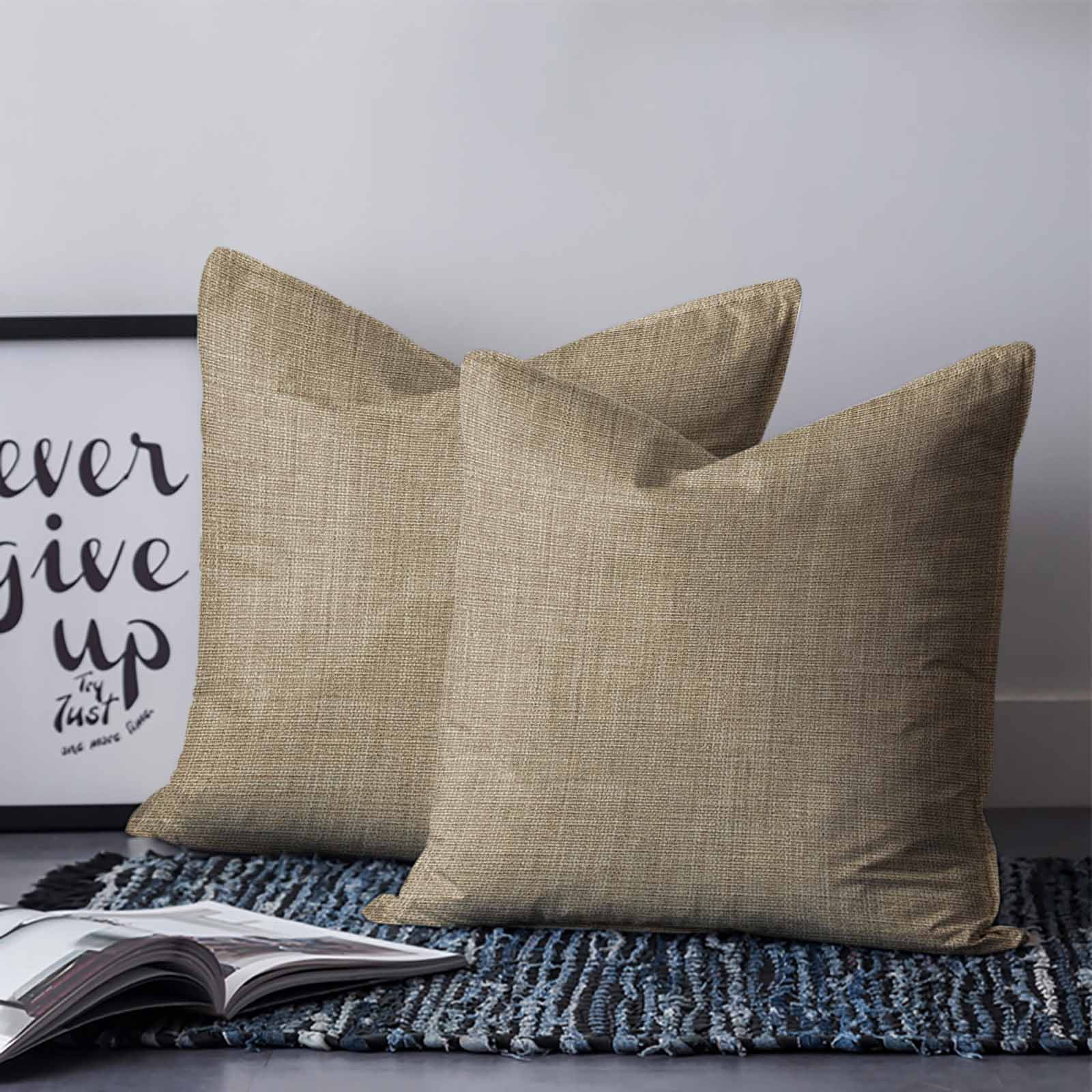 Beige 14x14 Pillow Covers Set of 2, Farmhouse Burlap Solid Brown Color Modern Linen Texture Throw Pillow Covers Decorative Couch Cushion Case, Microfiber Square Pillowcases for Bedroom Living Room