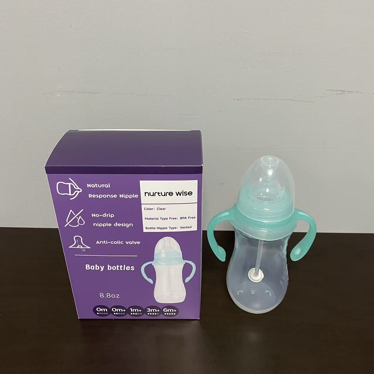 nurture wise Baby bottles,Bottle with Natural Response Nipple, Wide Neck  Bottles with Handle, Newborn Anti-Colic Baby Bottles Gift Set, Clear (8.8oz)