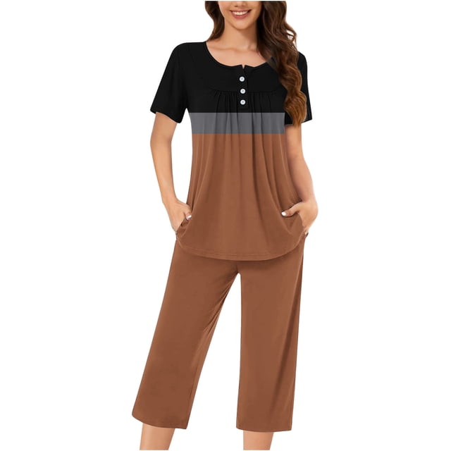 Aqestyerly Ensemble de Pyjama, Ensemble de Pyjama Décontracté pour Femmes avec Blouse à Manches Courtes et Col Rond et Pantalon à la Mode/marron(S)