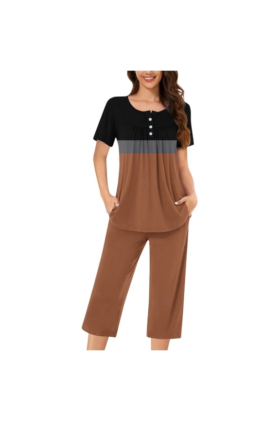 Women's Capri Pajama Set, Printed Loose Fit with Button Front Round Neck, Comfortable for Sleep Lounge and Travel