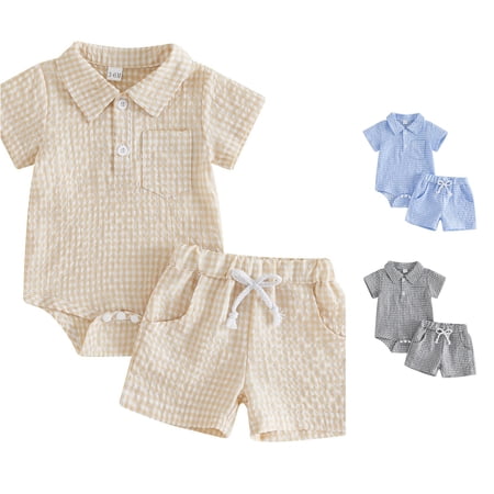 Rggeeun Toddler Boys Clothes Sets Plaid Gingham Pattern Short Sleeve Collar Button Down Soft Romper Top & Elastic Tie Side Pockets Shorts for Summer School Activities Trendy Set Beige 0-3 Months