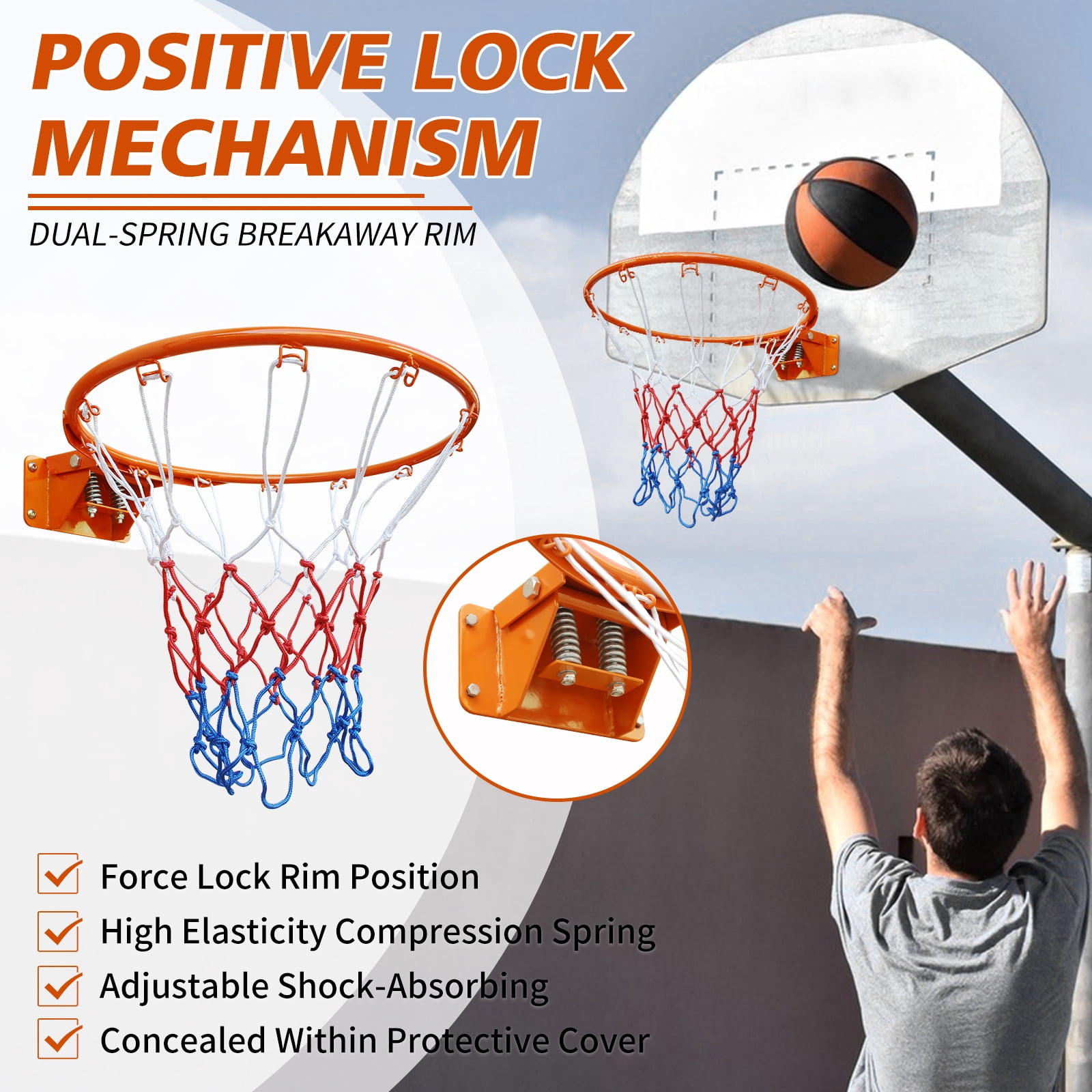 Basketball Double Spring Solid Rim, 18" Steel Basketball Rim for Indoor and Outdoor, Orange