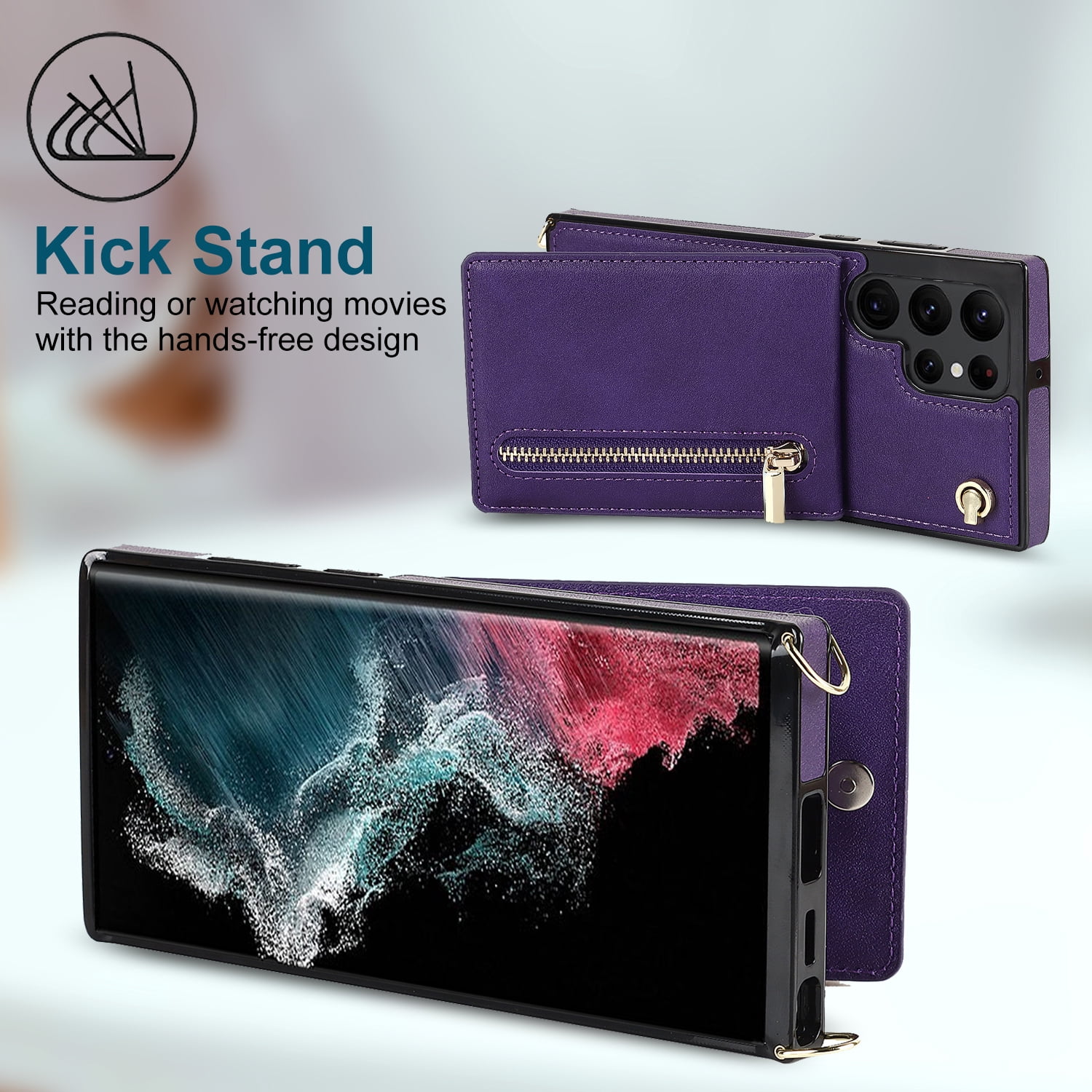 Dteck Flip Leather Wallet Case for Samsung Galaxy S24 Ultra, Crossbody Wallet Case with Credit Card Holder Zipper Pocket Lanyard Shoulder Strap, Kickstand Phone Cover for Samsung S24 Ultra,Purple