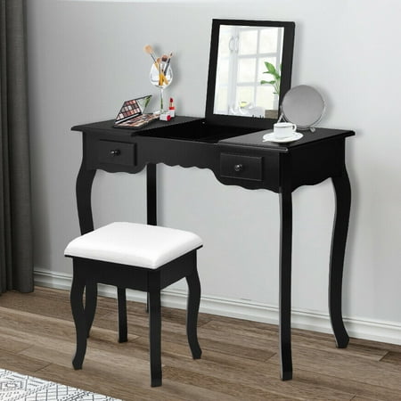 Gymax Bedroom Mirrored Vanity Set Make Up Dressring Table Stool Desk Furniture Black