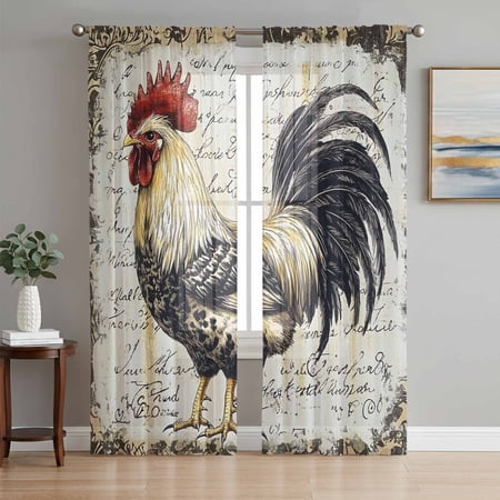 Vintage Rooster Sheer Curtains 84 Inch Length 2 Panels Set Watercolor Black Yellow Farmhouse Animals Voile Window Treatment Curtains Sheers Drapes for Bedroom/Living Room/Kitchen 52 x84 x2