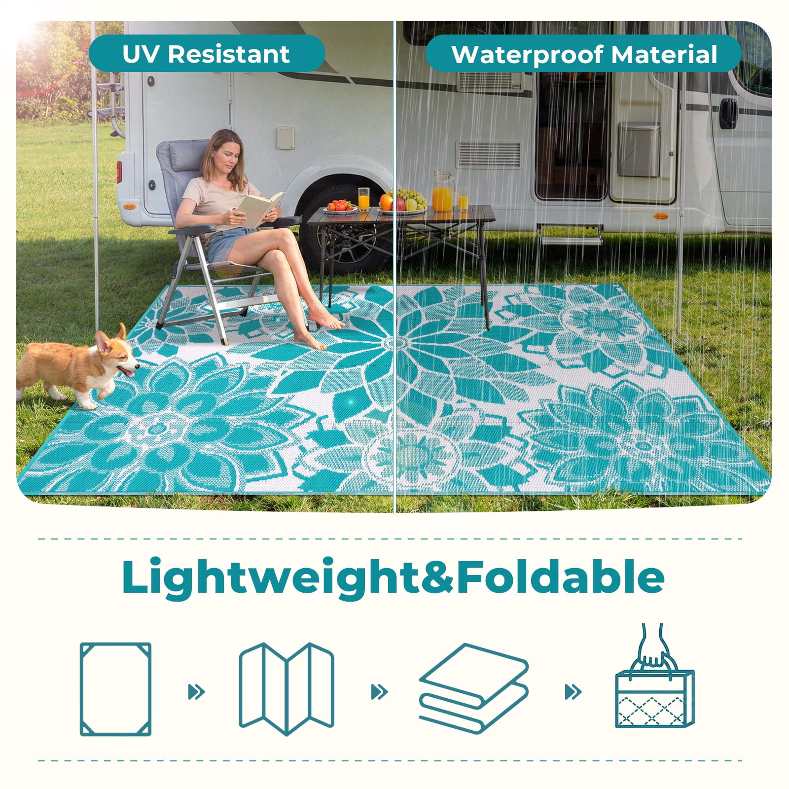 Findosom 6'x9' Outdoor Rug Patios Rug Waterproof RV Outdoor Rug Camping Rugs Reversible Plastic Straw Rug Large Outdoor Mat Outdoor Area Rug for Camping,Balcony Apartment,Patio,Picnic,Beach Teal