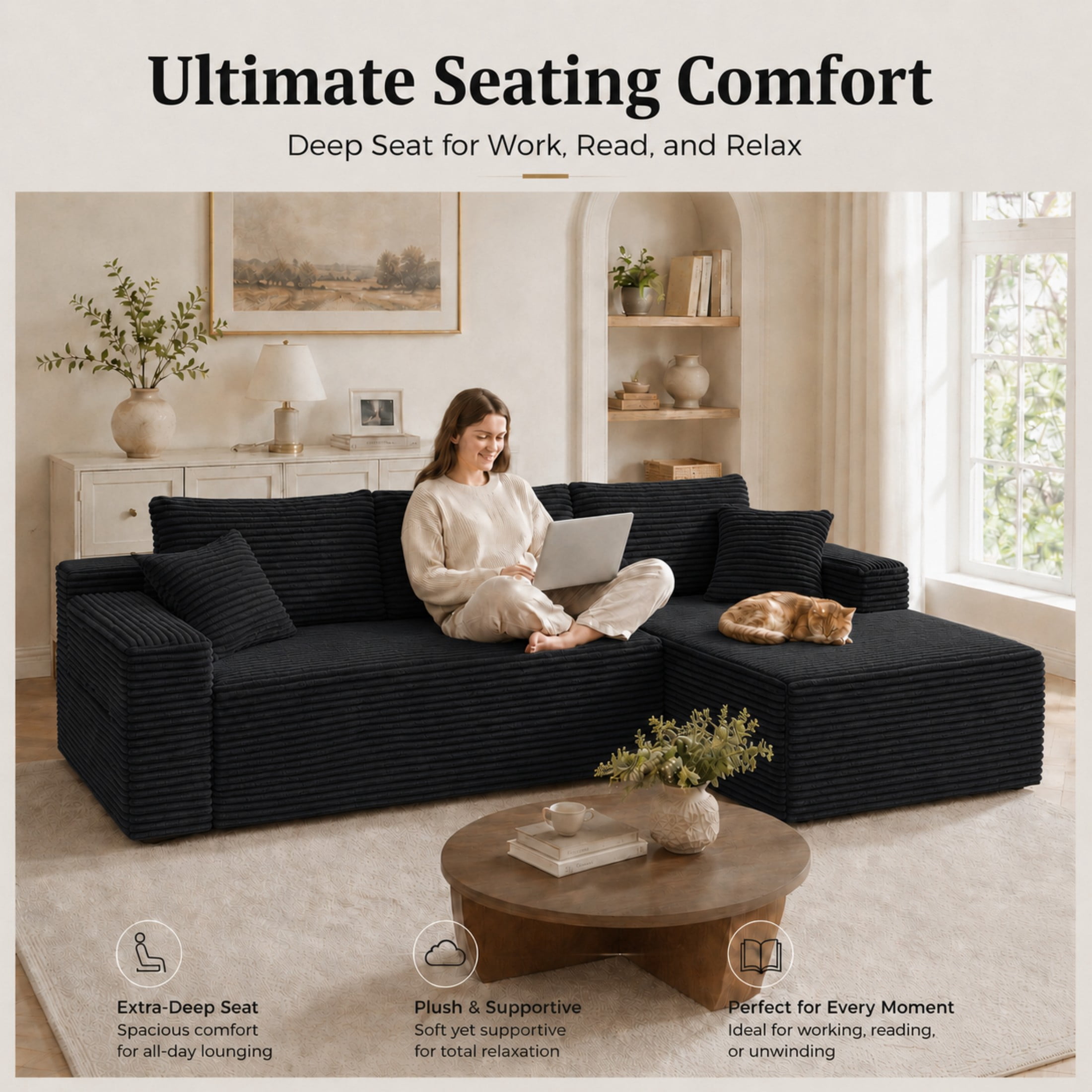Aenkyo 106 Inch Corduroy L-Shaped Cloud Sectional Sofa with Reversible Chaise, Black