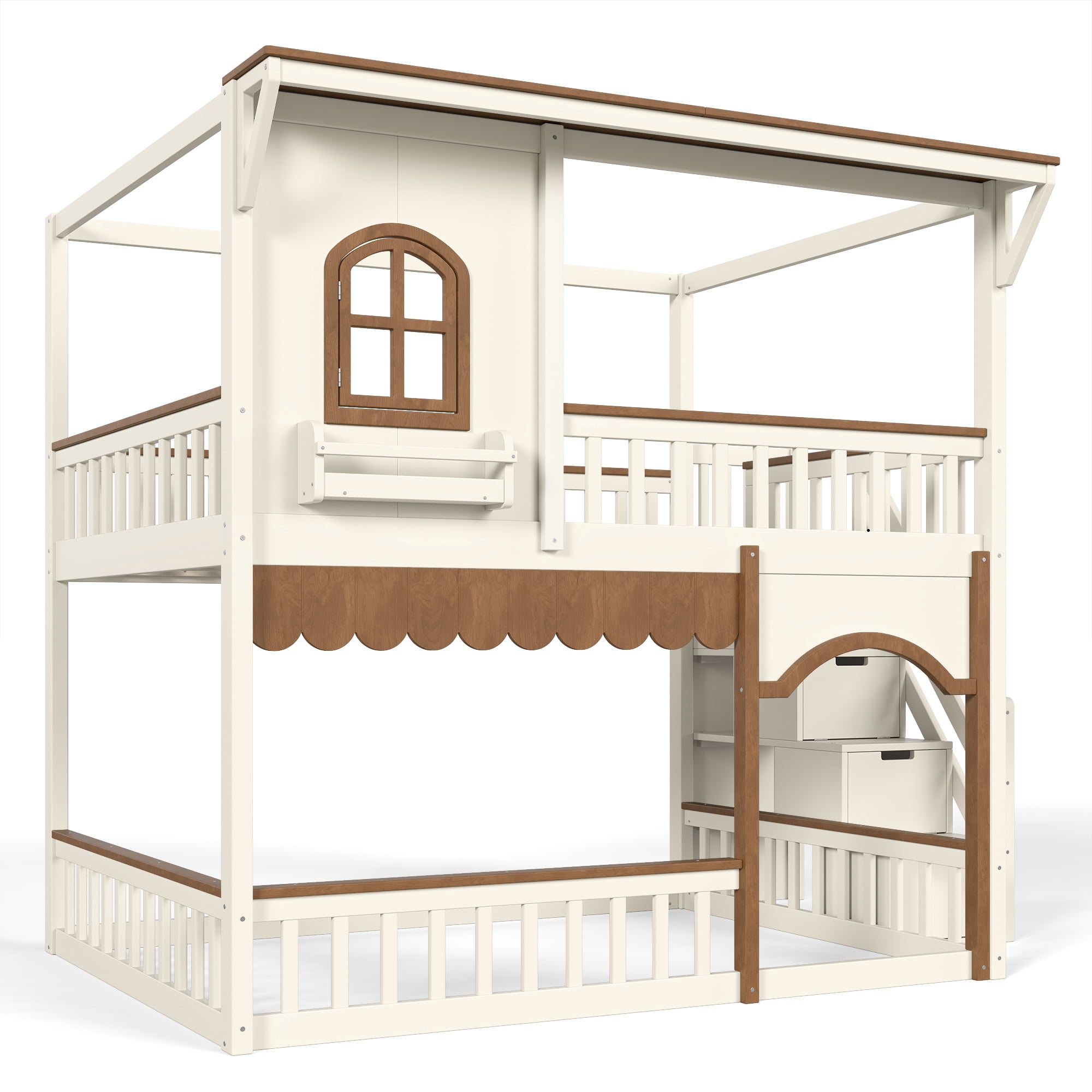 HOQBN Full over Full House Bunk Bed with Storage Stairs, House Bunk Bed with Window & Side Bookshelf, Solid Wood Bed Frame with Play Designed, Convertible Lower Space for Sleep or Play, Beige+Natural