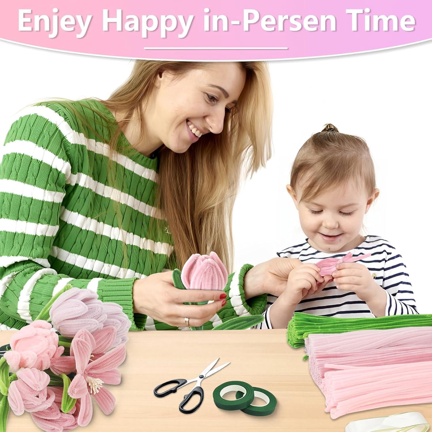 400 Pcs Pipe Cleaners Craft Set, 4 Colors Chenille Stems Bulk, DIY Flower Making Kit with Floral Wires, Floral Tape, Stamen & Ribbon for Arts, Crafts & Floral Arrangements