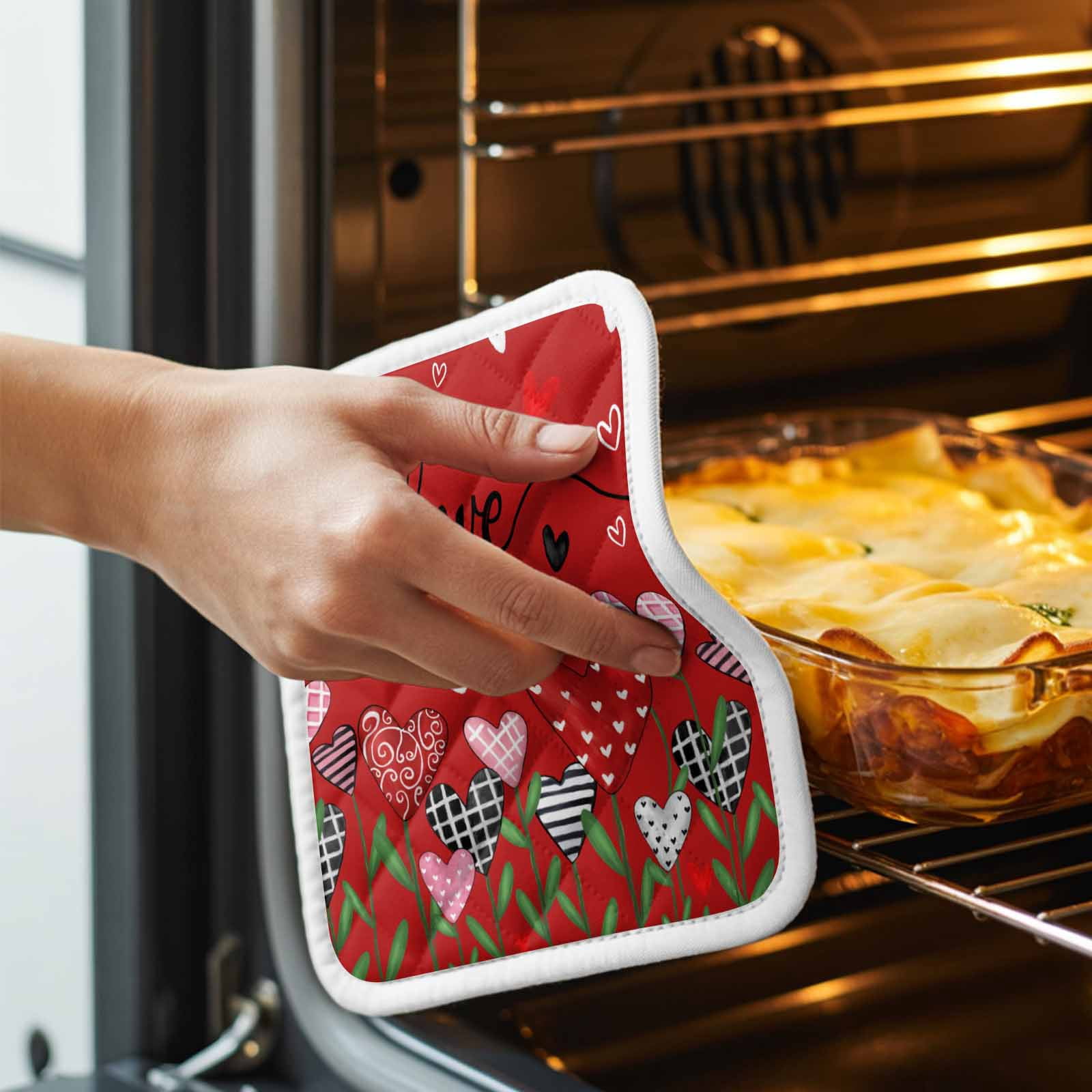 Red Love, Pot Holders for Kitchen Heatproof Potholder, 5 Pack Spring Valentine's Plant Dots Lattice Stripe Hot Pads Multipurpose Oven Pads Cloth Potholders Trivet for Cooking Baking