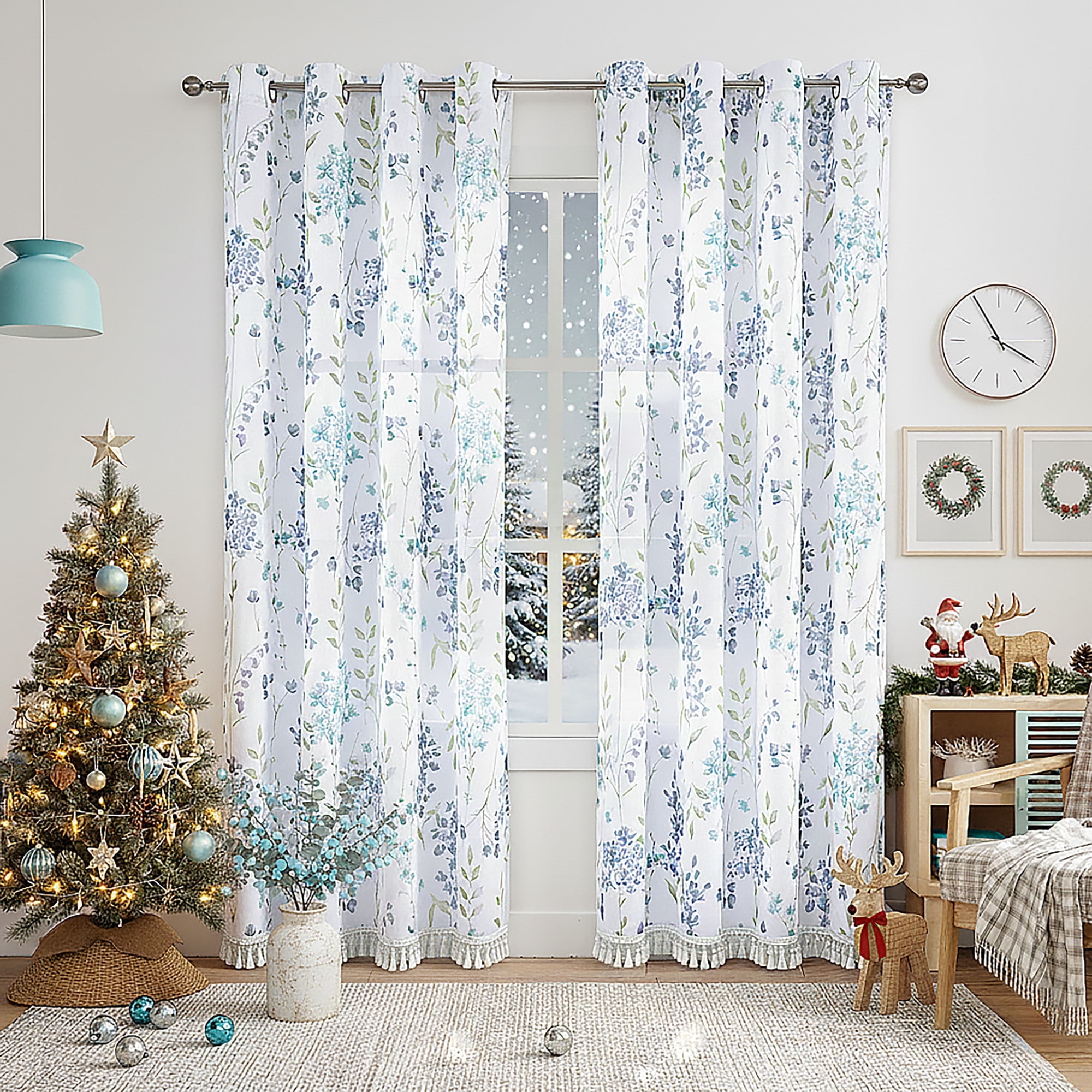 Bohogeo Farmhouse Blue Floral Grommet Light Filtering Bedroom, 56” x 95” (2 Panels)