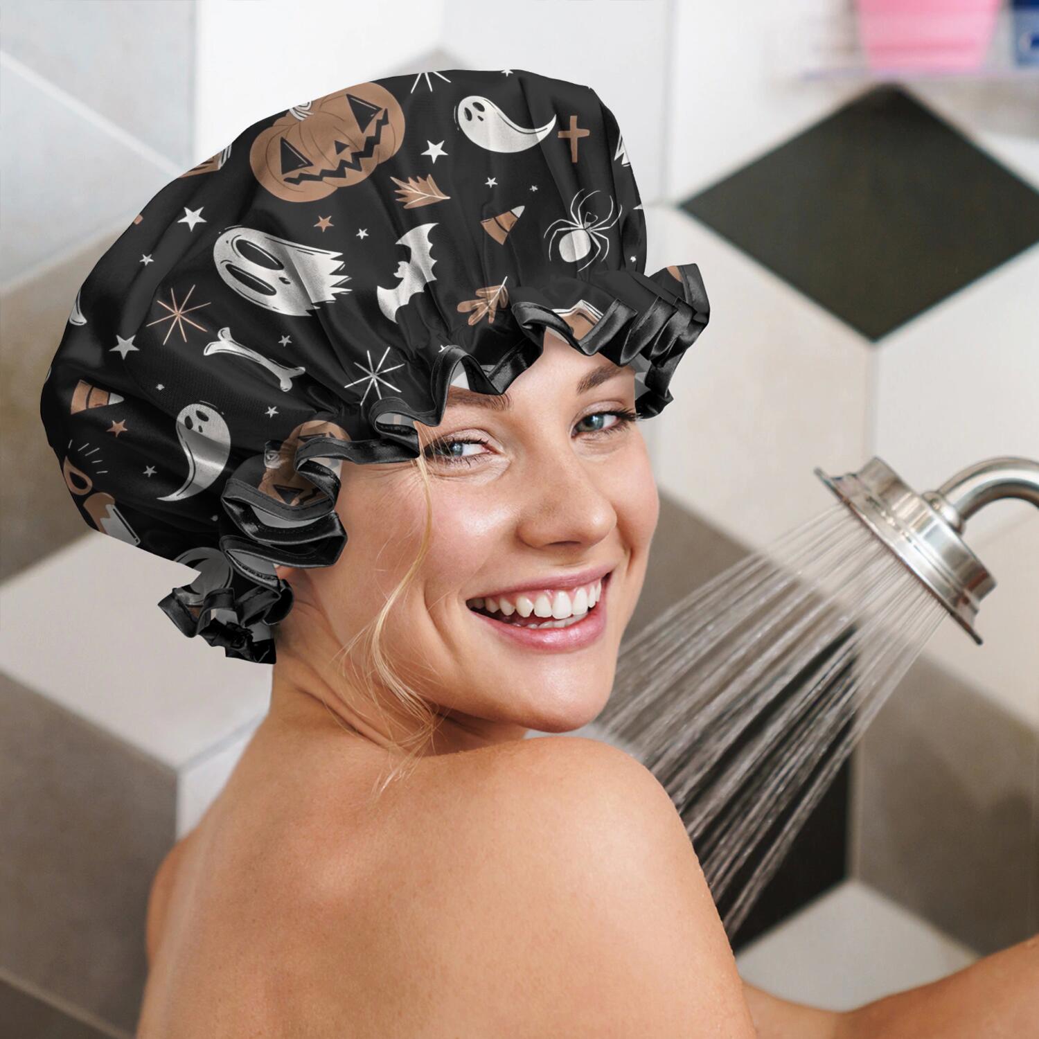 Shower Caps,Vintage Halloween Pattern Waterproof Shower Cap for Women 4 Pieces,Double Reusable Hair Cover for Shower PEVA Elastic Stretch Hem