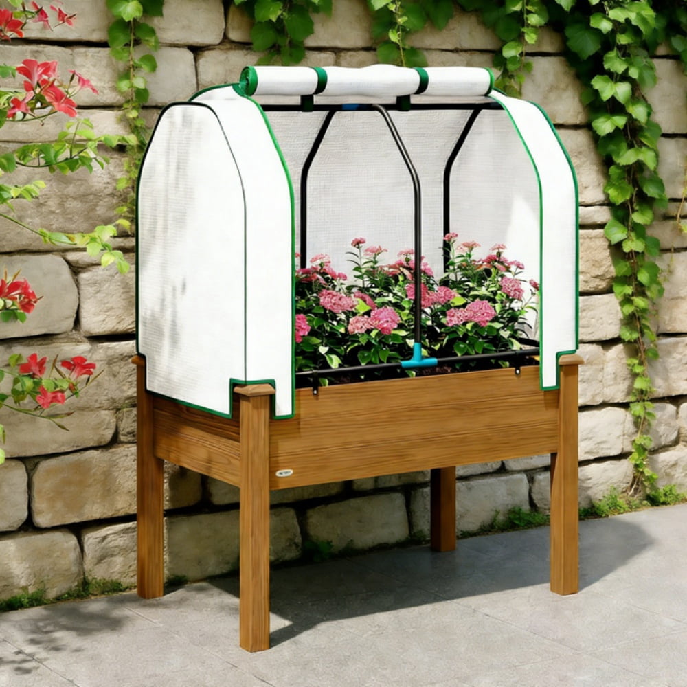 Raised Garden Bed with PE Cover, Fir Wood & Steel Frame, Roll-Up Ventilated Cover, Non-Woven Fabric, 4 Drainage Holes, 88 Lbs Capacity for Outdoor Plants Vegetables Flowers