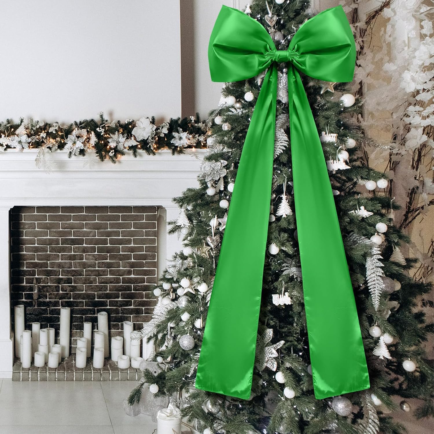 Guvpev 5FT Large Satin Christmas Bows - Giant Green Xmas Bows for Christmas Tree Topper, Wreaths, Wal, Mantel, Front Door, Porch & Wedding Decorations, Indoor & Outdoor Holiday Christmas Decorations