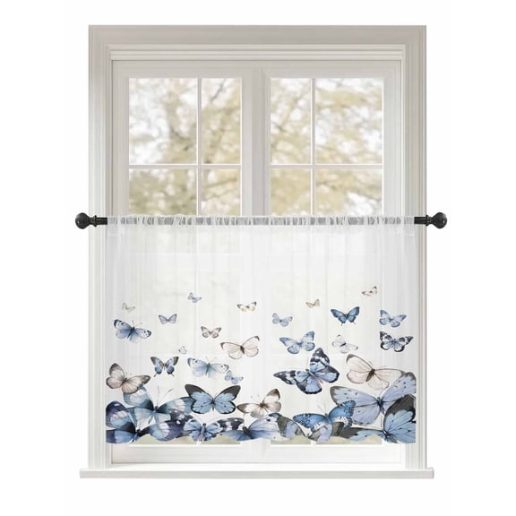 Sheer Curtains 54 Inch Length, Blue Butterflies Semi Sheer Curtains Light Filtering Window Treatment, Elegant Pastoral Butterfly Privacy Voile Drapes for Living Room Bedroom 52x54 Inch