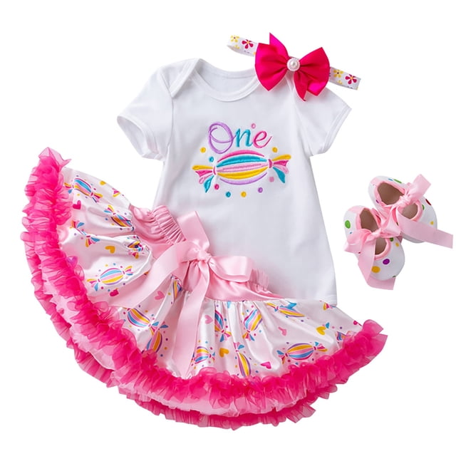 Gibobby Mamelucos para bebe niña Traje de un año con estampado de arcoíris para niña, traje de falda superior de manga corta de verano, conjunto de 2 piezas(Rosa caliente, 3-6 Meses)