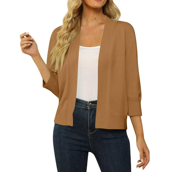 Mohiass Women's 3/4 Sleeve Cropped Cardigan Sweater Open Front Short Shrugs Cardigans Lightweight Sweaters Camel S