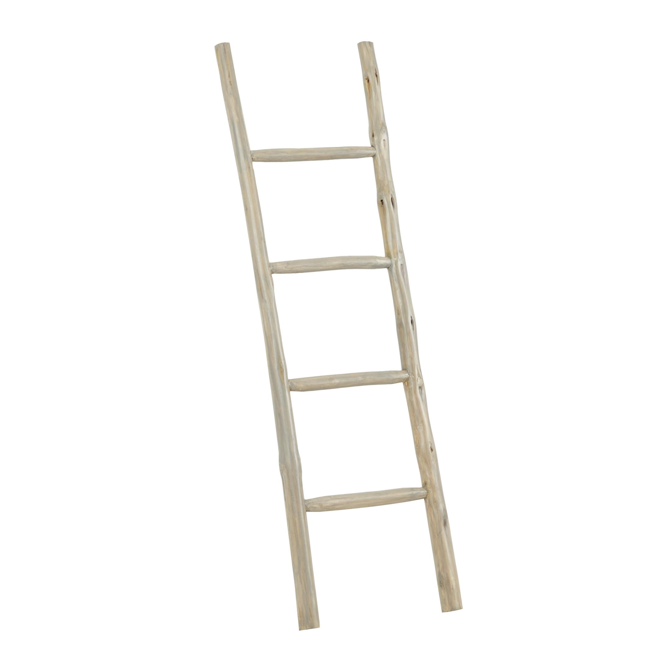 DecMode Teak Modern White Ladder Wooden Rack, 18"W x 59"H
