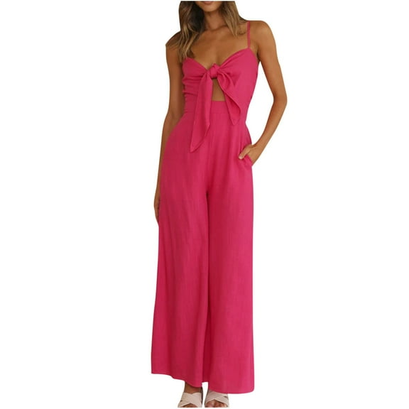 Usmixi Womens Jumpsuits Evening Party Sexy Cut-out Tie Front Pocket Spaghetti Strap Long Jumpsuits Trendy Solid V-Neck Sleeveless Maxi Summer Rompers Hot Pink l