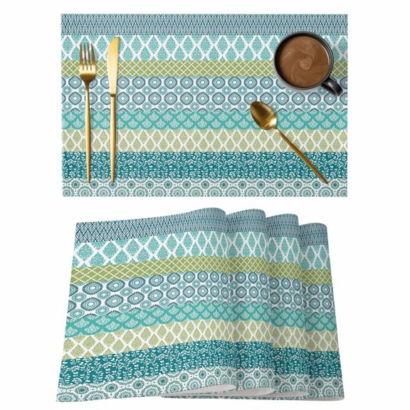 Geometric Bohemia Placemats Set of 12, Stripes Green Blue and Turquoise Non-Slip Place Mats Washable Table Mats for Kitchen Dining Table Decorations Indoor/Outdoor
