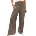 thumbnail image 3 of Womens Linen Pants 2025 Summer Casual Loose Wide Leg Palazzo Pants Smocked High Waist Flowy Beach Trousers Outfits, 3 of 5