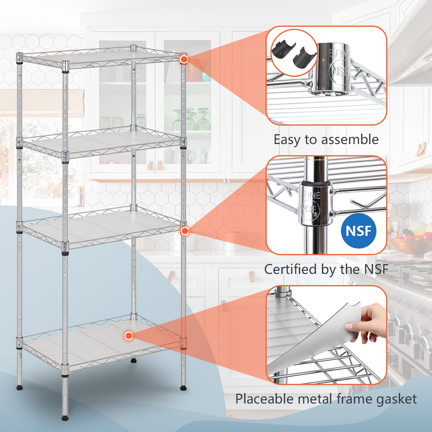 NiamVelo 4-Tier Storage Shelves Adjustable Wire Shelves Metal Shelf with 4 PP Sheets for Kitchen Bathroom  Garage, Chrome