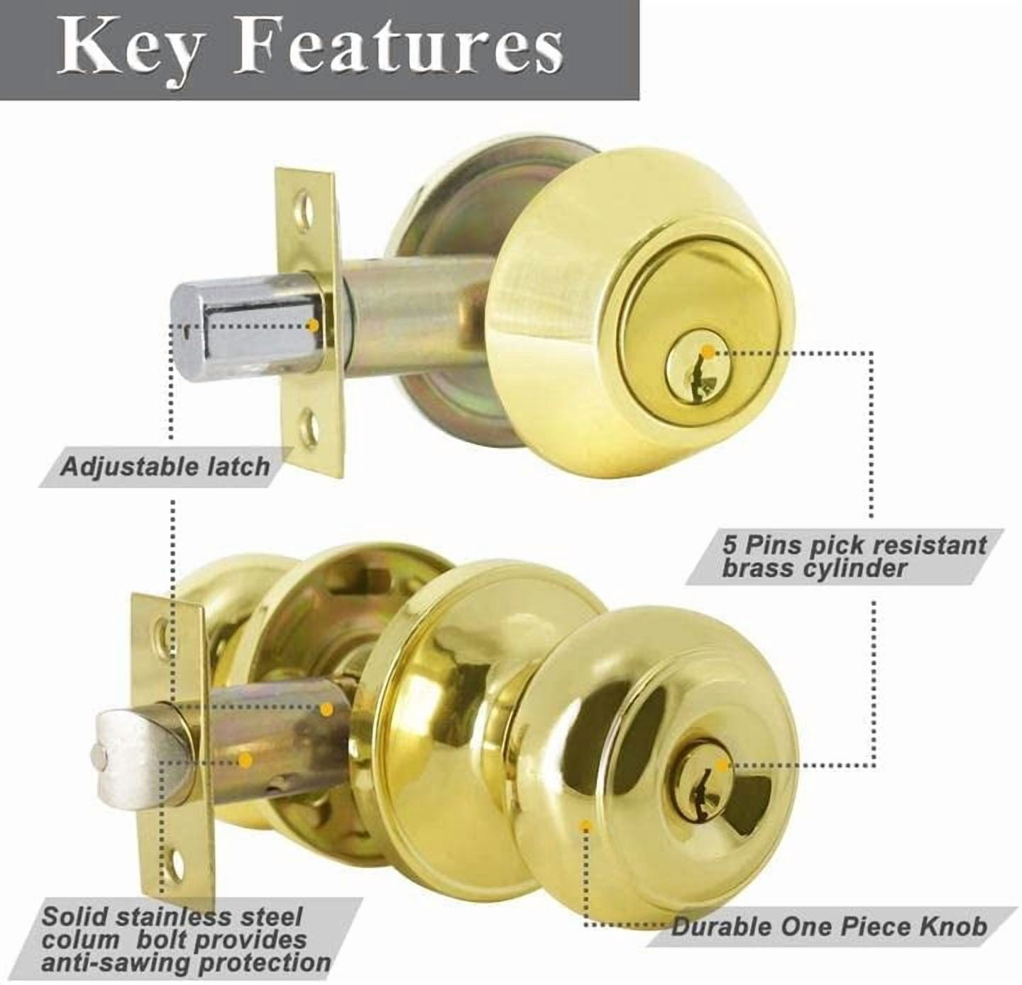6 Pack Round Ball Entry Door Knobs and Single Cylinder Deadbolt Combo Sets for Exterior Door, Polished Brass, Keyed Alike