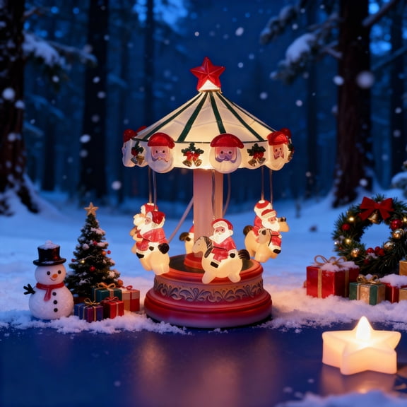 Kumdkd Christmas Lighted Carousel Ornament, Multicolor Resin Christmas Decoration with LED Night Light, 8.27 Inch Holiday Carousel with Santa Figures for Home Desktop Decor, Festive Gift Idea