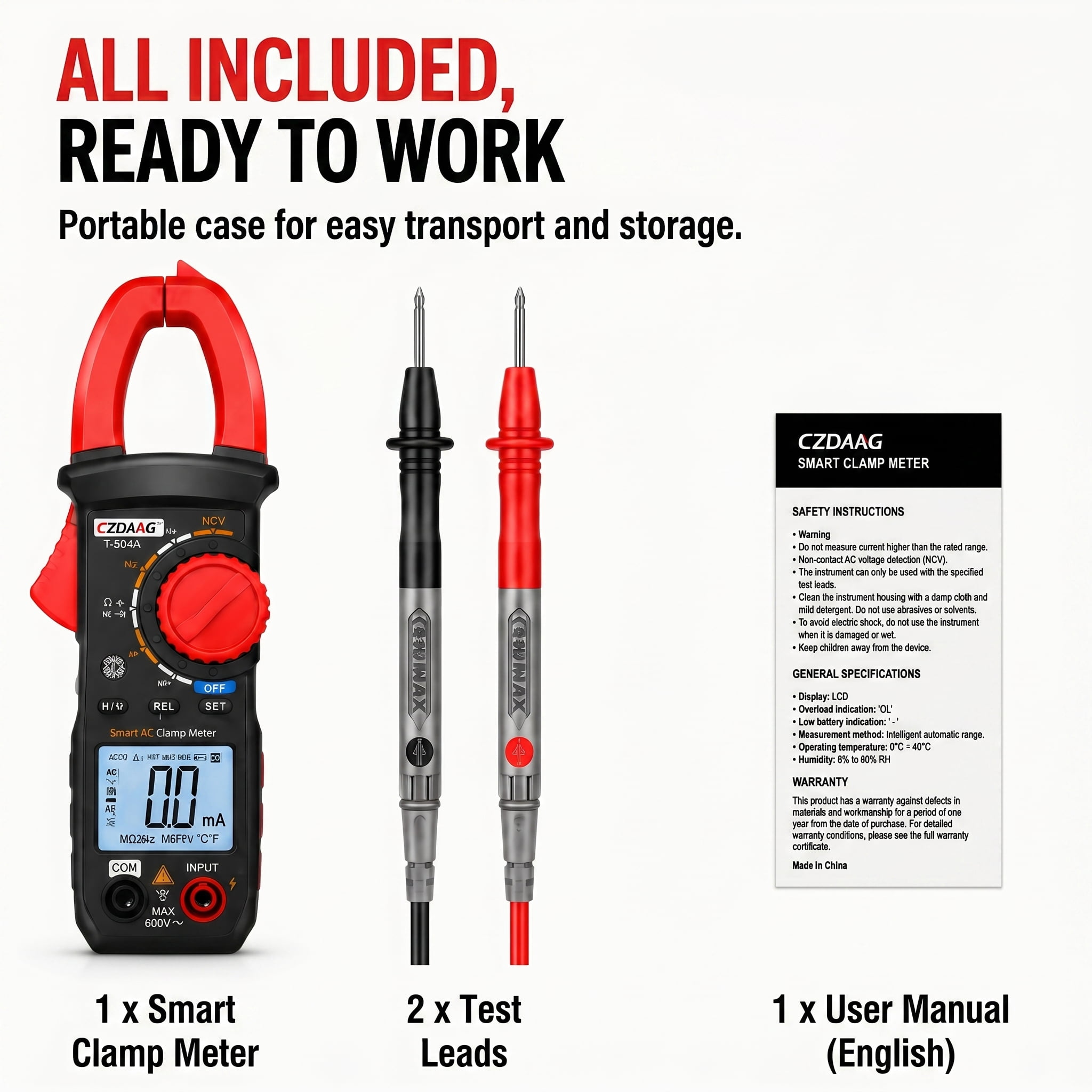 Digital Clamp Meter Multimeter, 4000 Counts AC/DC Voltage & Current Tester with NCV, Live Wire Detection, LED Flashlight for Home & Automotive