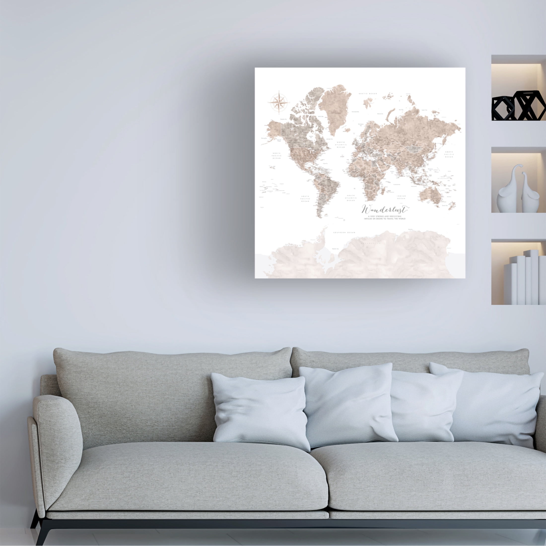 Canvas Wall Art - blursbyai 'Abby Wanderlust Watercolor Detailed World Map' Wall Art for Living Room, Bedroom, or Office Décor by Trademark Fine Art - 14 x 14 Inches