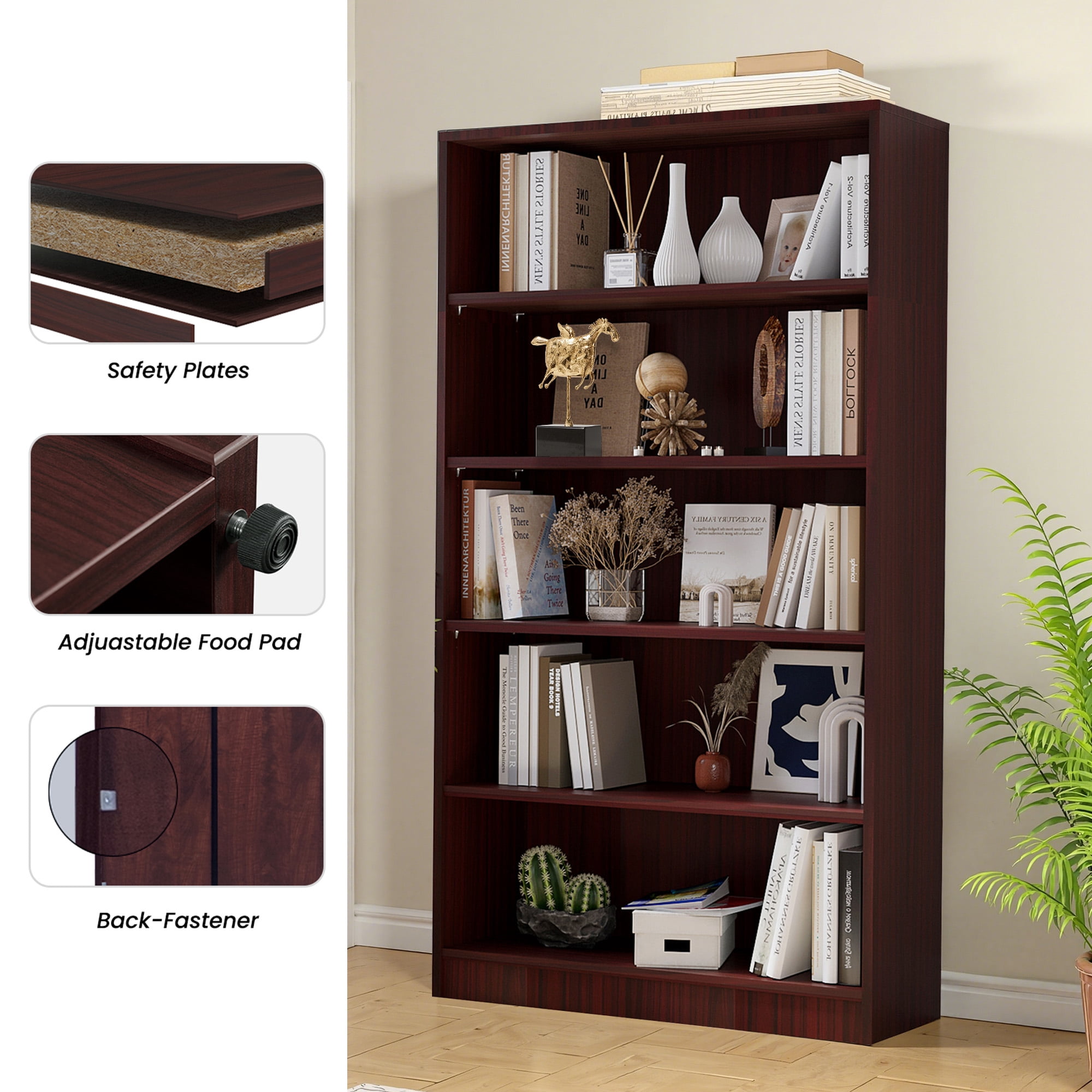MAYEERTY Mahogany 5-Shelf Modern Wood Bookcase, 60" Tall, for Bedroom, Living Room, and Manga Library