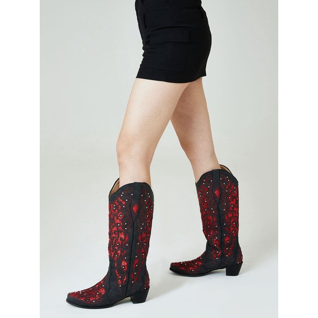 Retro Vintage Women Western Boots Chunky High Heels Cowgirl Cowboy Pull On Rhinestones Embroidered Knee High Shoes
