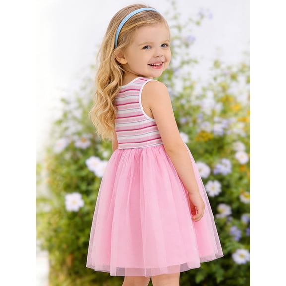 HILEELANG Toddler Girls Striped Ribbed Tulle Dress, Blush Pink, 2T-7T