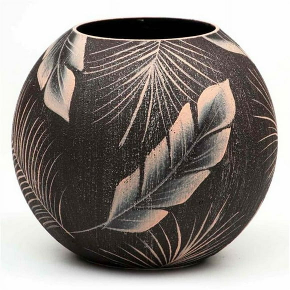 B2 Studio 5578-180-sh114.1 6 in. Hand Painted Round Bubble Art Glass Table Vase for Flowers, Brown with Leaf Print