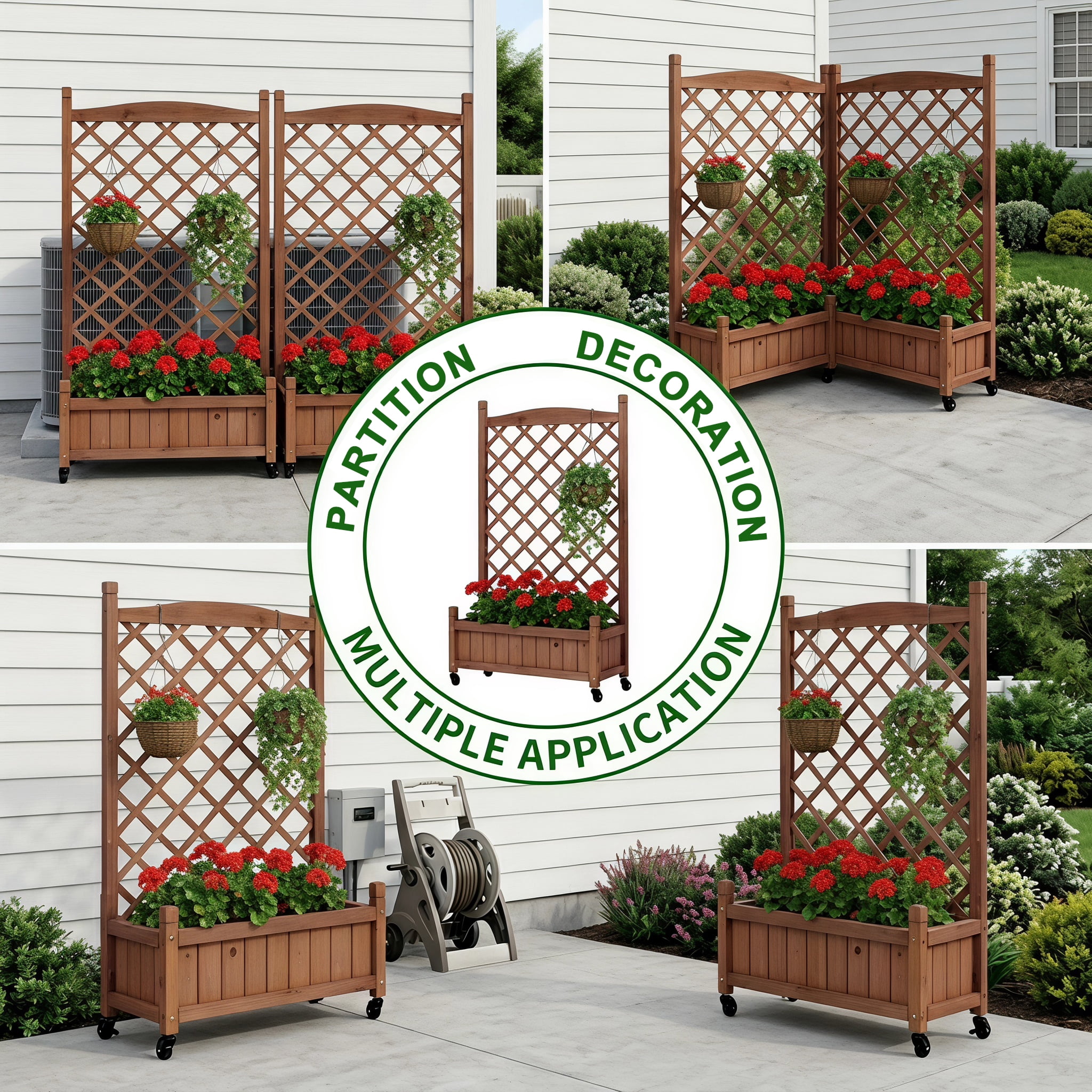 Set of 2 Raised Garden Beds with Trellis and Wheels, Outdoor Wooden Planter Box and Plant Stand with Climbing Racks, Brown