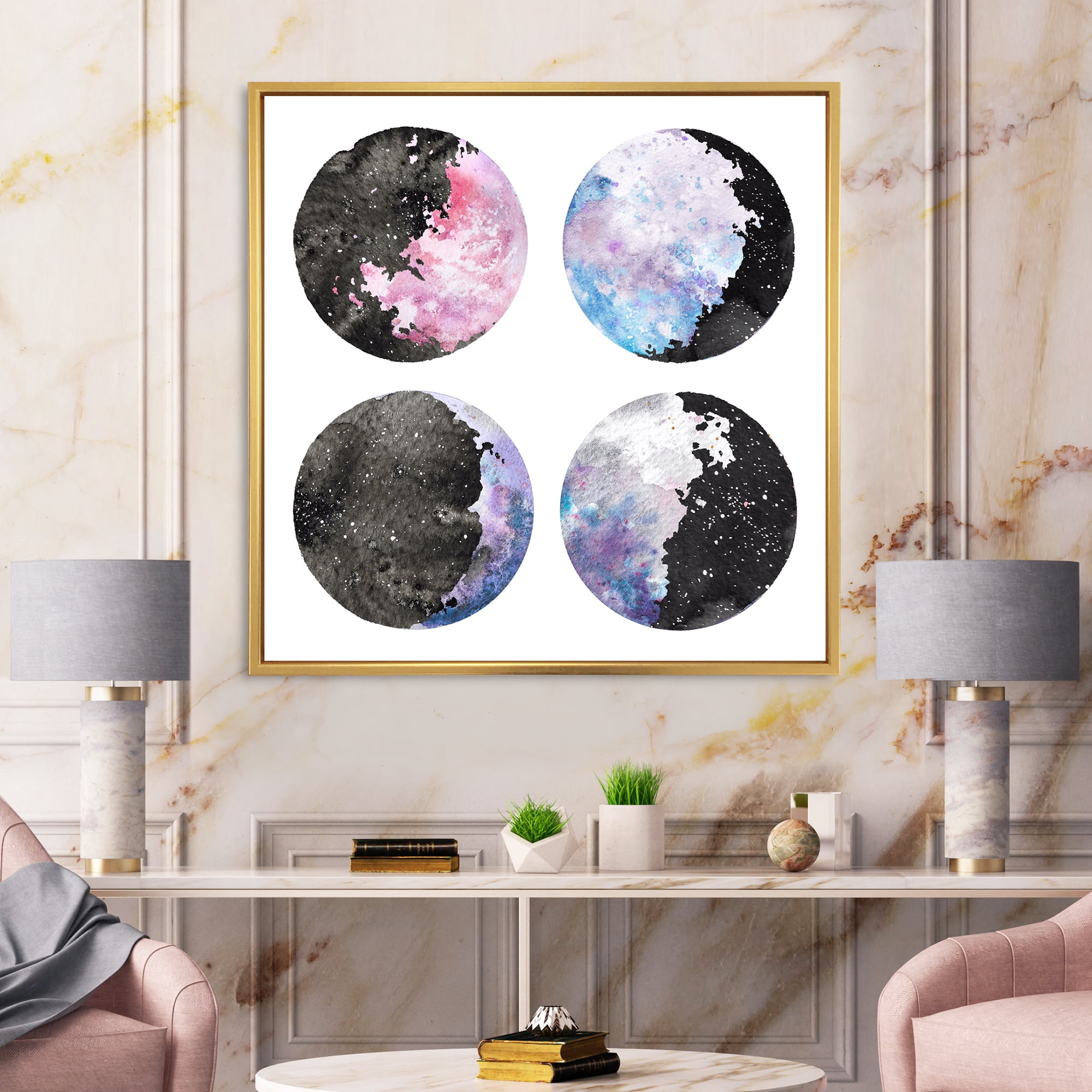 Designart 'Moon Phases With Sky and Stars' Bohemian & Eclectic Framed Canvas Wall Art Print