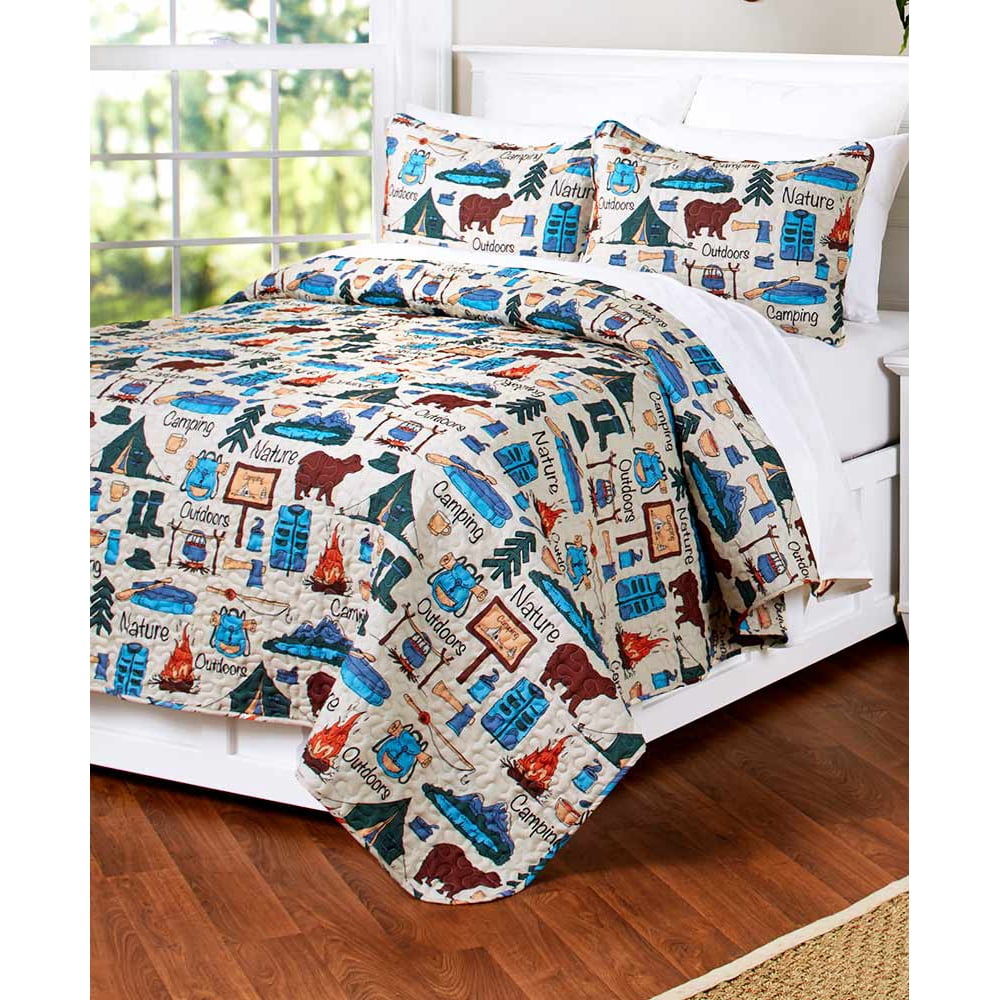Campsite Quilt Set with Retro Camping Print 3Pc. King