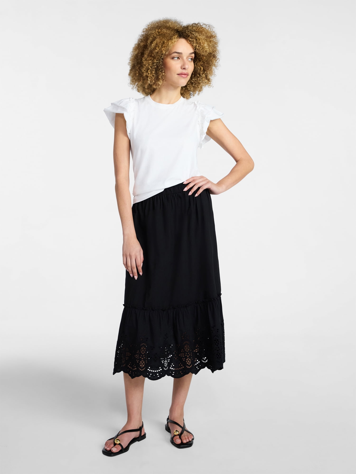 Time and Tru Women's Cotton Eyelet Hem Midi Skirt, Sizes XS-XXXL