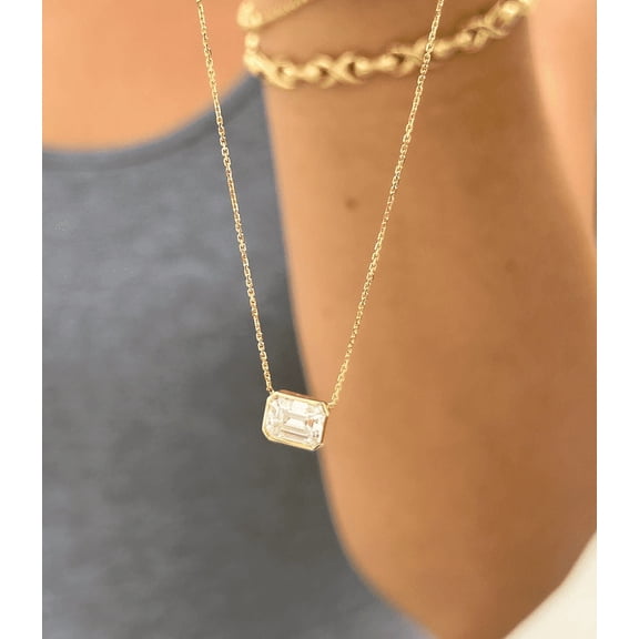 Radiant Jewelry Emerald Cut 2Ct Simulated Diamond Bezel Set Solitaire Necklace 925 Sterling Silver Pendant Chain