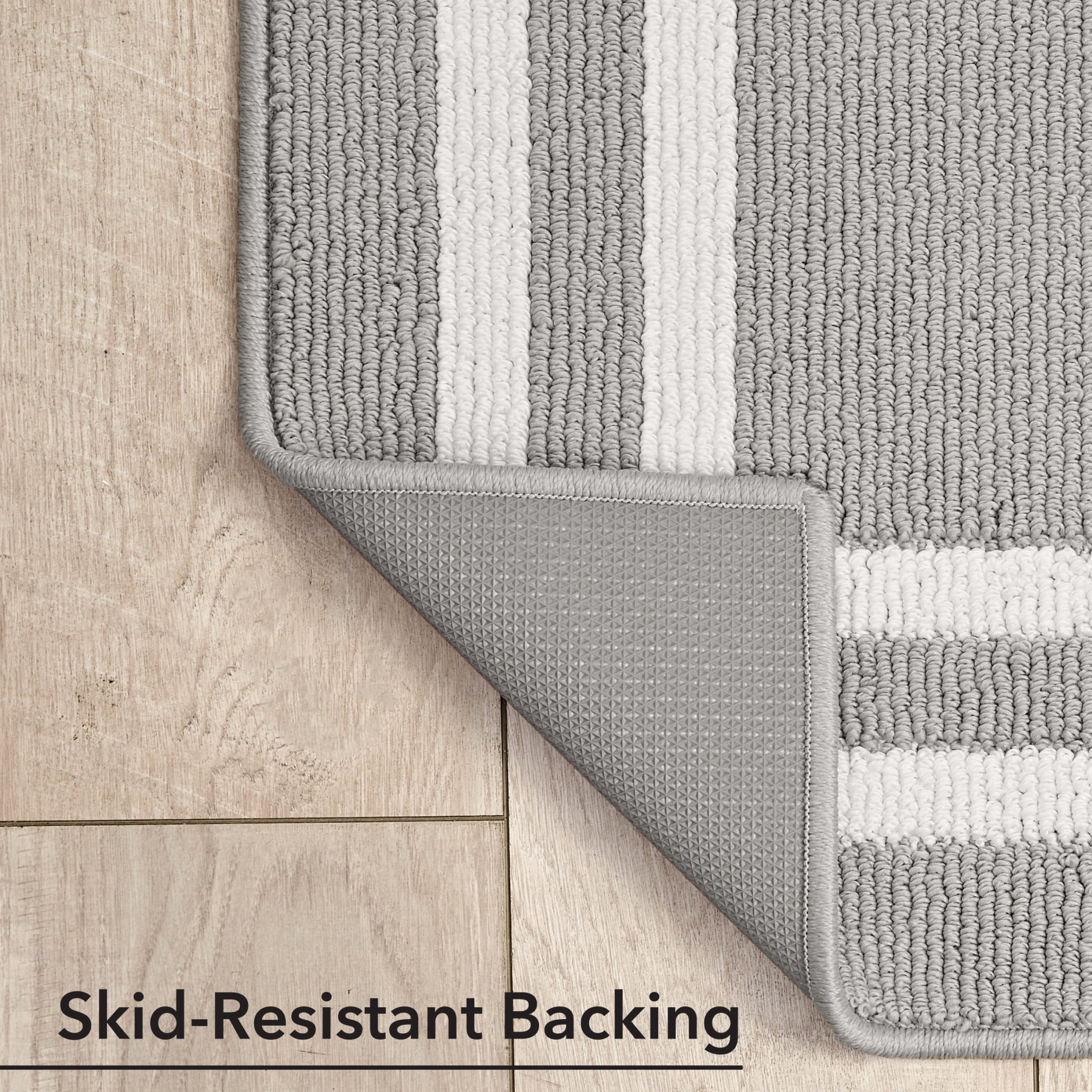 Washable Skid-Resistant Runner Rug, Border, Light Grey and White, 26" x 45" and 26" x 60" 2-Piece Set