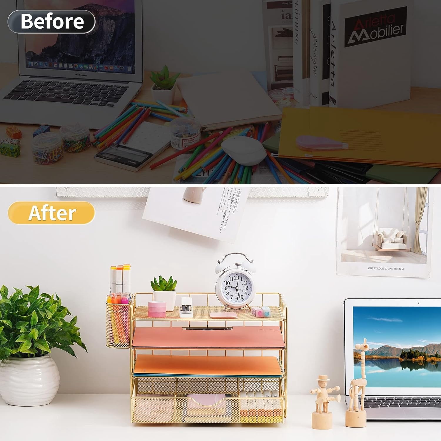 Paper Letter Tray Organizer with File Holder, 4-Tier Desk Accessories & Workspace Desk Organizers with Drawer and 2 Pen Holder for Office Supplies (Gold)