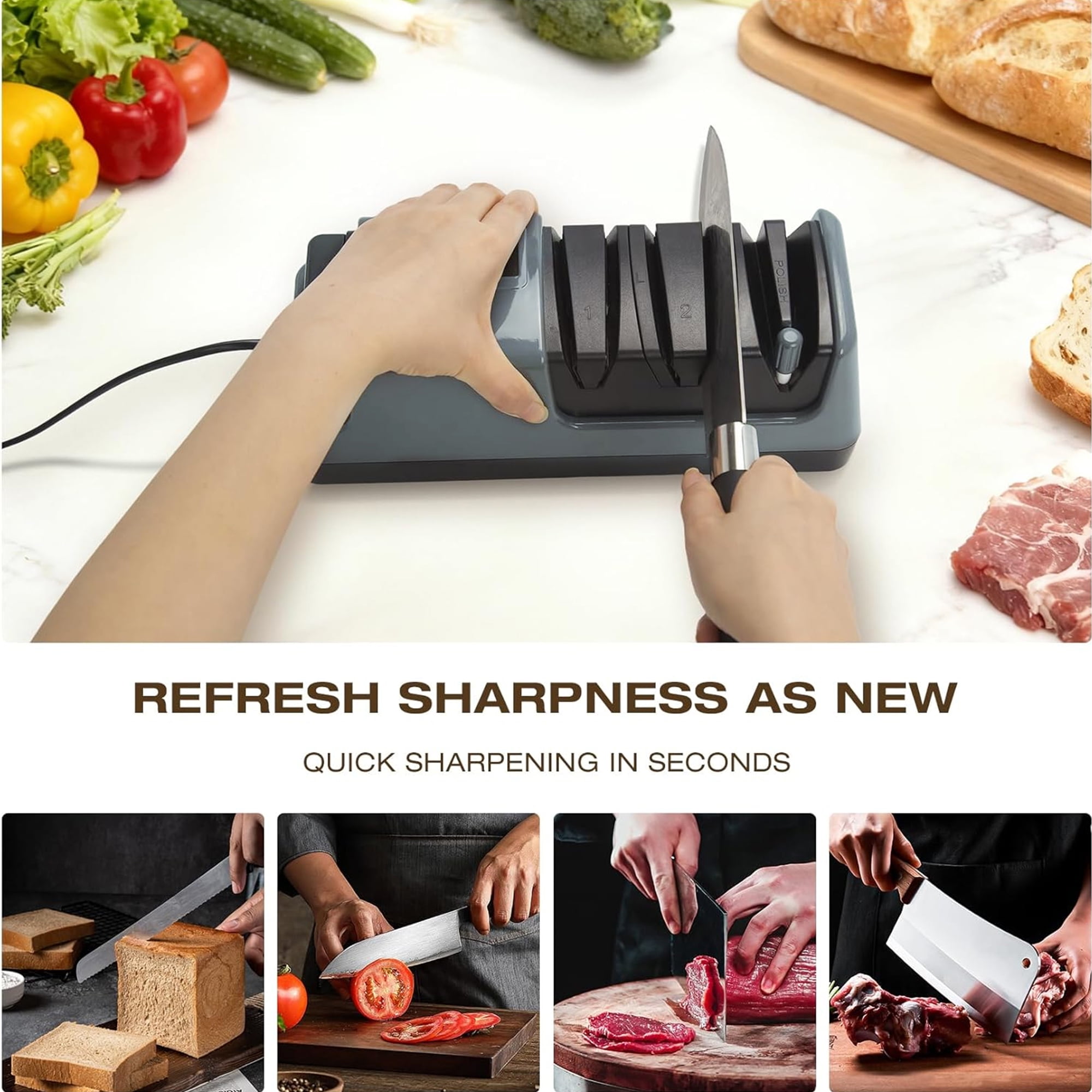 5 in 1 Electric Knife Sharpener with LCD Screen, 3 Rotational Speed Adjustable, 100% Diamond Abrasives, Electric Knife Sharpener for Straight, Serrated, Meat Cleaver, Ceramic Knives & Scissors, Gray